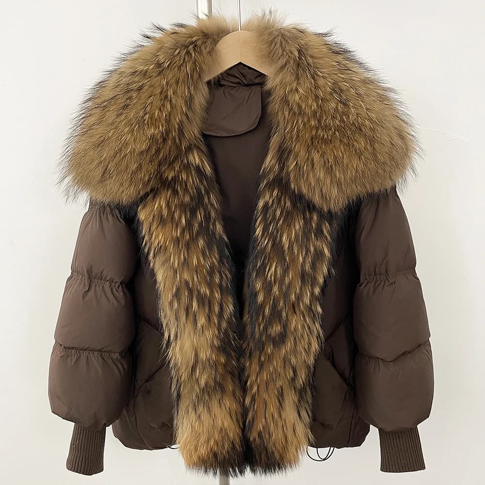 Damska kurtka puchowa z dzianinowymi rękawami, płaszcz z prawdziwego futra, nowa zimowa kurtka z dużym, prawdziwym futrem z szopa pracza, biała kurtka puchowa z kaczego puchu, obszerna parka z piór.