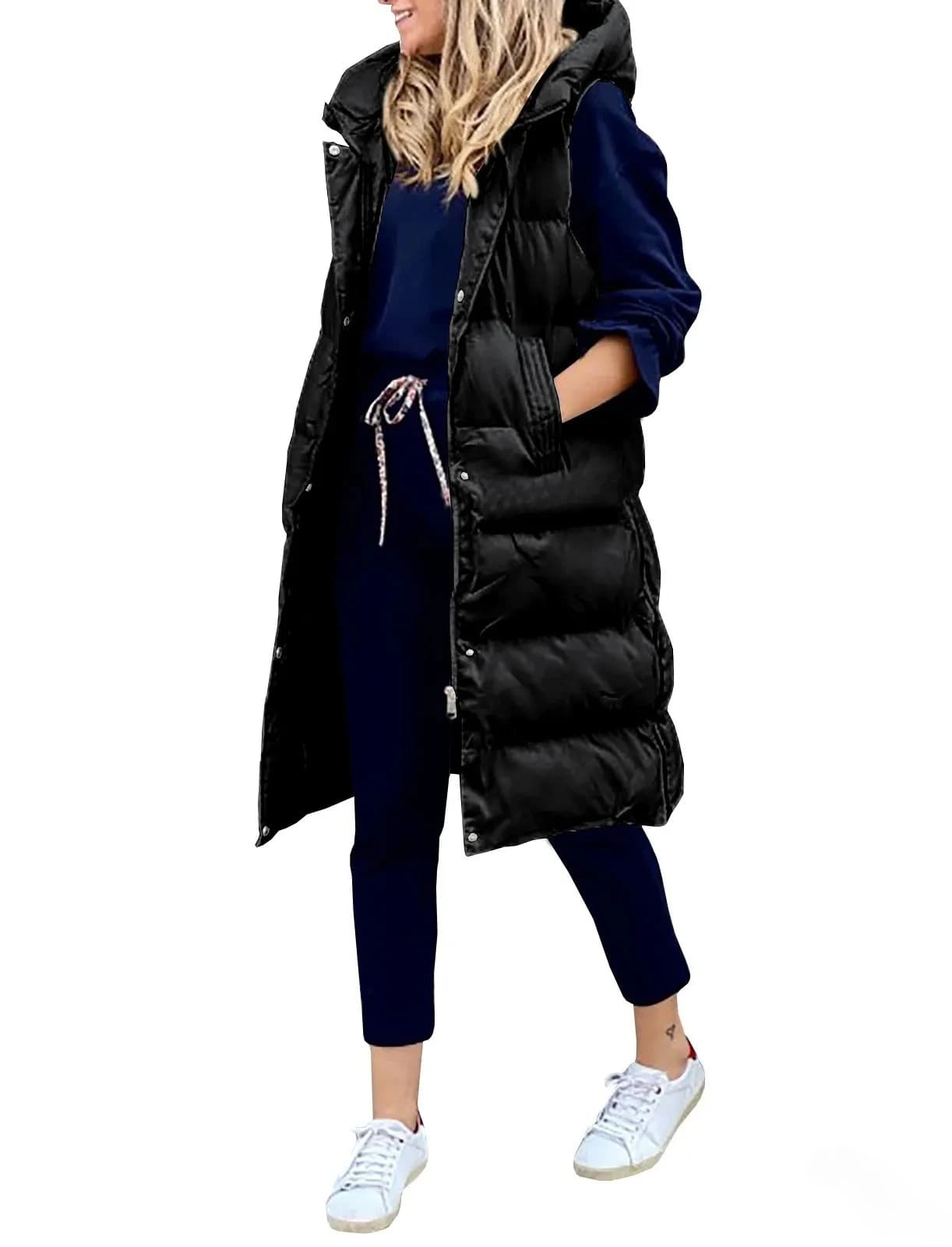 Women's Long Coat Vest with Hood Autumn Winter Sleeveless Warm Cotton Down Coat Waistcoat Quilted Vest Down Jacket Outwear 5XL