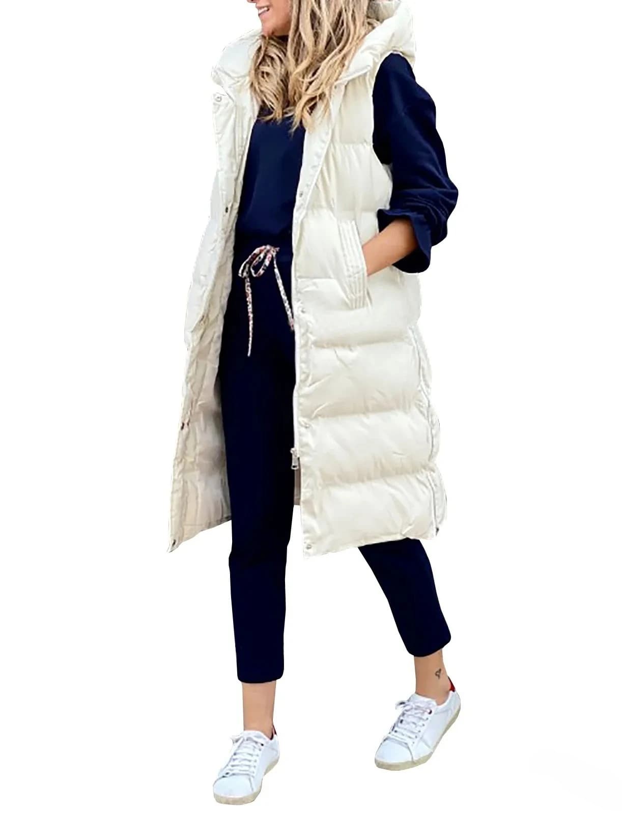 Women's Long Coat Vest with Hood Autumn Winter Sleeveless Warm Cotton Down Coat Waistcoat Quilted Vest Down Jacket Outwear 5XL