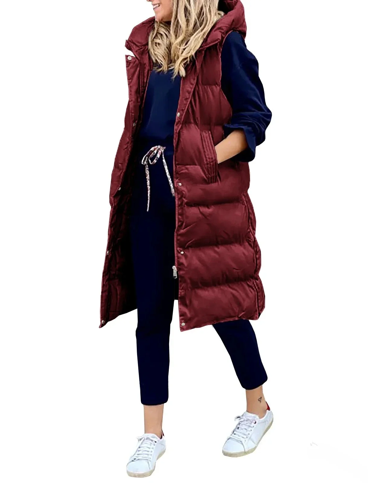Women's Long Coat Vest with Hood Autumn Winter Sleeveless Warm Cotton Down Coat Waistcoat Quilted Vest Down Jacket Outwear 5XL