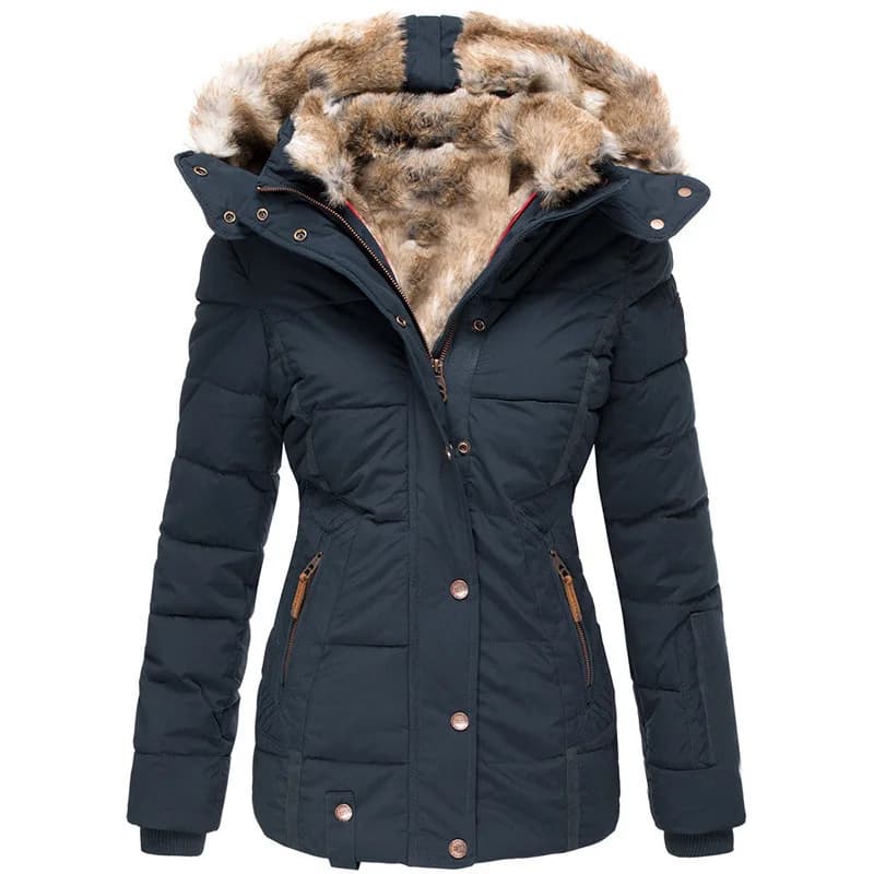 New Winter Warm Fur Collar Cotton Padded Jacket for Women with Zipper, Long Sleeve, Slim Fit, Hooded Cotton Coat W128