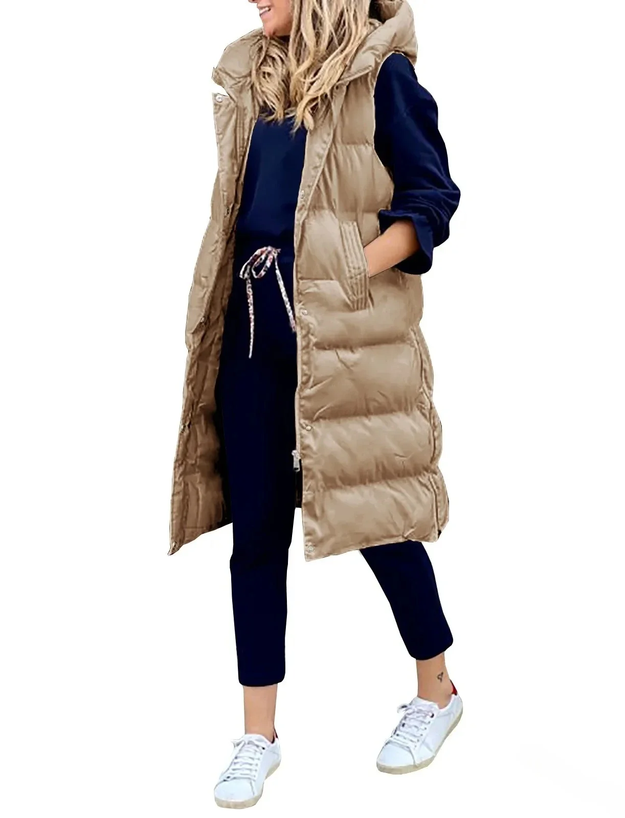 Women's Long Coat Vest with Hood Autumn Winter Sleeveless Warm Cotton Down Coat Waistcoat Quilted Vest Down Jacket Outwear 5XL