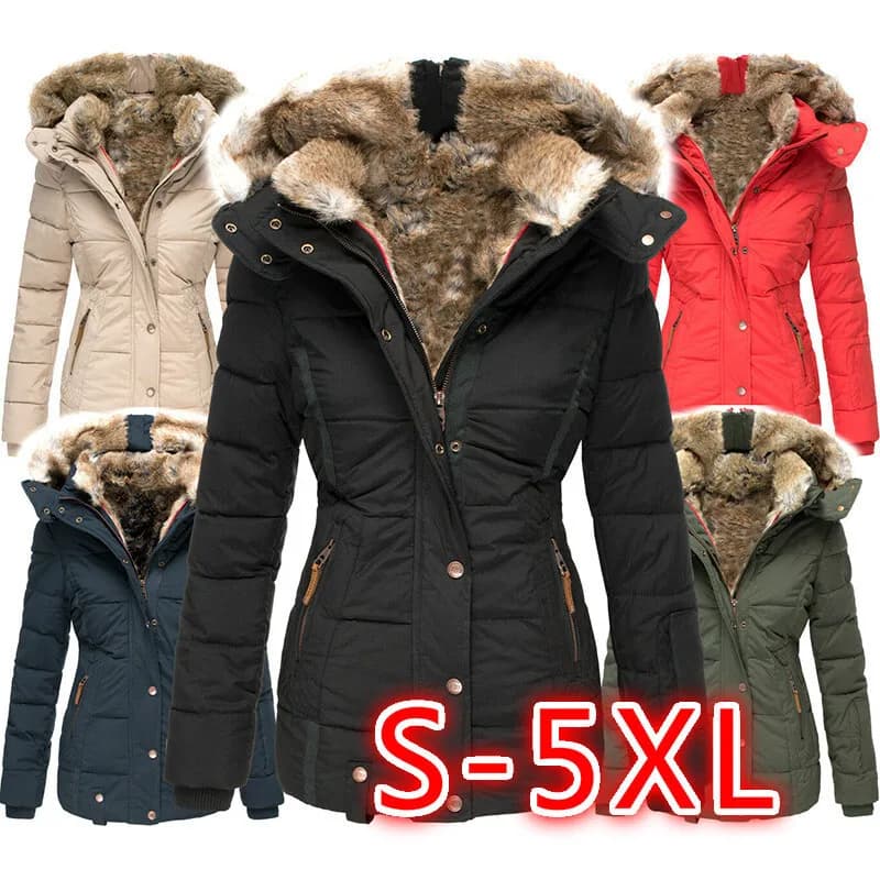 New Winter Warm Fur Collar Cotton Padded Jacket for Women with Zipper, Long Sleeve, Slim Fit, Hooded Cotton Coat W128