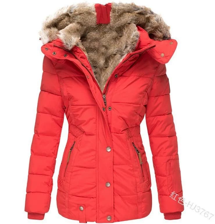 New Winter Warm Fur Collar Cotton Padded Jacket for Women with Zipper, Long Sleeve, Slim Fit, Hooded Cotton Coat W128