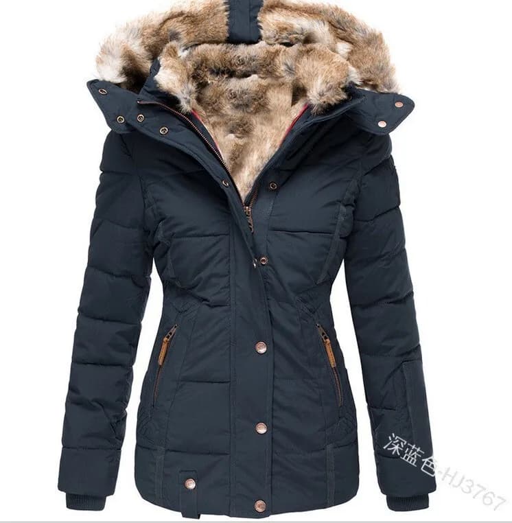 New Winter Warm Fur Collar Cotton Padded Jacket for Women with Zipper, Long Sleeve, Slim Fit, Hooded Cotton Coat W128