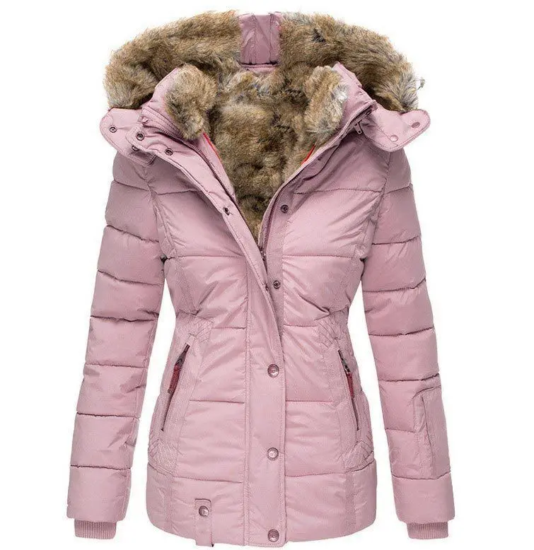 New Winter Warm Fur Collar Cotton Padded Jacket for Women with Zipper, Long Sleeve, Slim Fit, Hooded Cotton Coat W128