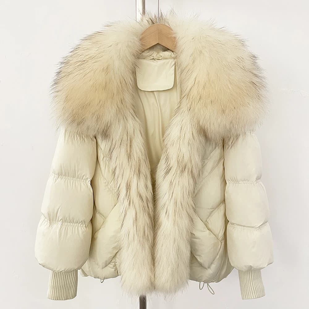Damska kurtka puchowa z dzianinowymi rękawami, płaszcz z prawdziwego futra, nowa zimowa kurtka z dużym, prawdziwym futrem z szopa pracza, biała kurtka puchowa z kaczego puchu, obszerna parka z piór.