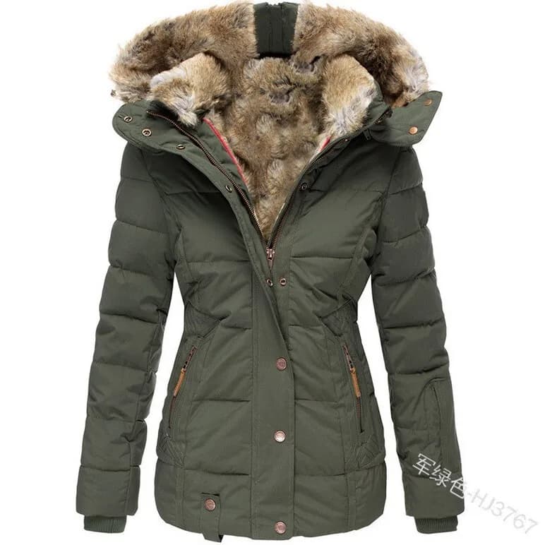 New Winter Warm Fur Collar Cotton Padded Jacket for Women with Zipper, Long Sleeve, Slim Fit, Hooded Cotton Coat W128