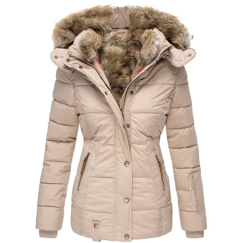 New Winter Warm Fur Collar Cotton Padded Jacket for Women with Zipper, Long Sleeve, Slim Fit, Hooded Cotton Coat W128