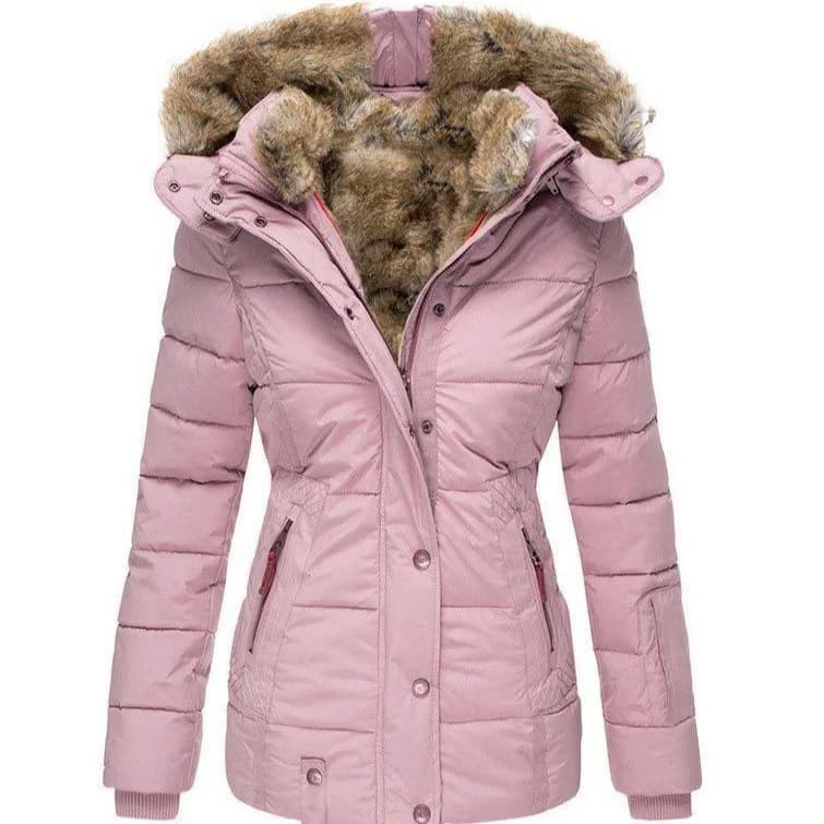 New Winter Warm Fur Collar Cotton Padded Jacket for Women with Zipper, Long Sleeve, Slim Fit, Hooded Cotton Coat W128