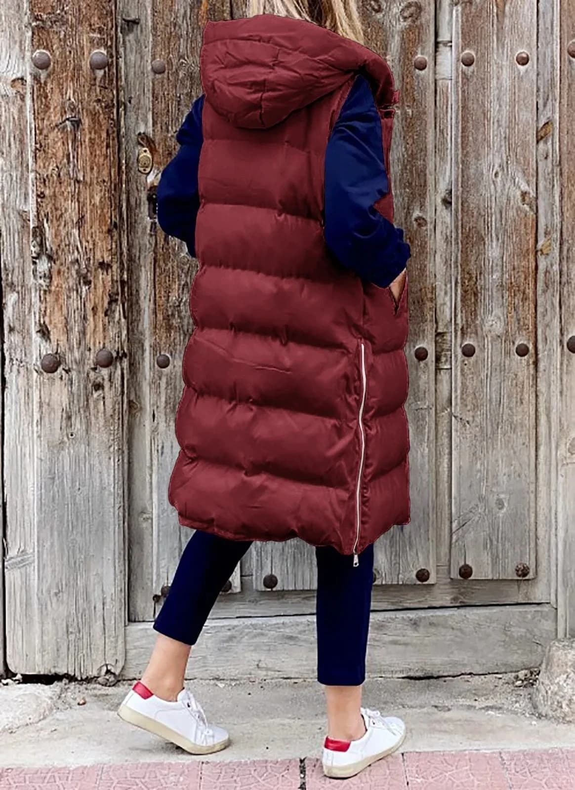 Women's Long Coat Vest with Hood Autumn Winter Sleeveless Warm Cotton Down Coat Waistcoat Quilted Vest Down Jacket Outwear 5XL