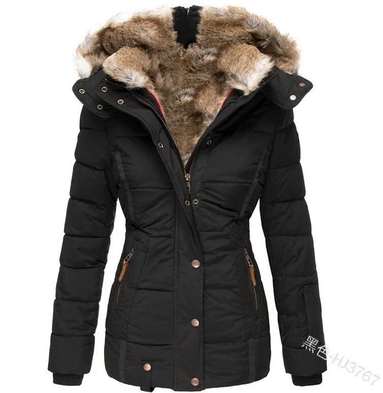 New Winter Warm Fur Collar Cotton Padded Jacket for Women with Zipper, Long Sleeve, Slim Fit, Hooded Cotton Coat W128