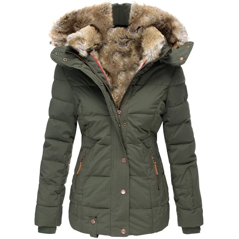 New Winter Warm Fur Collar Cotton Padded Jacket for Women with Zipper, Long Sleeve, Slim Fit, Hooded Cotton Coat W128