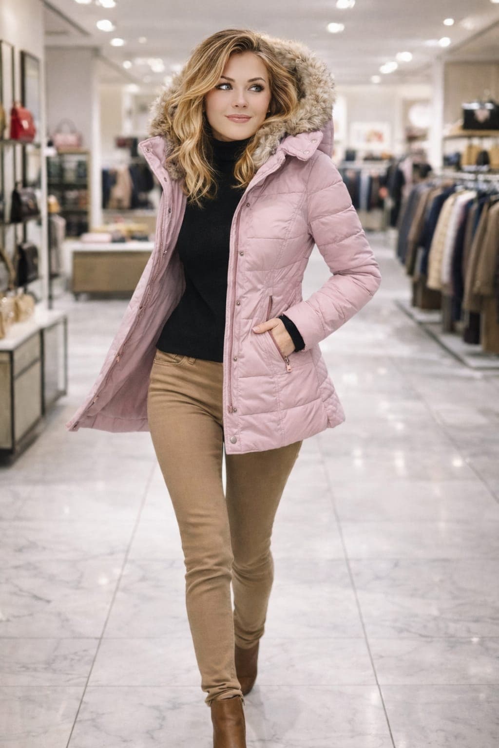 Nowa, ciepła, zimowa kurtka damska z futrzanym kołnierzem i bawełnianym ociepleniem, z zamkiem błyskawicznym, długim rękawem, dopasowanym krojem, bawełnianym płaszczem z kapturem W128