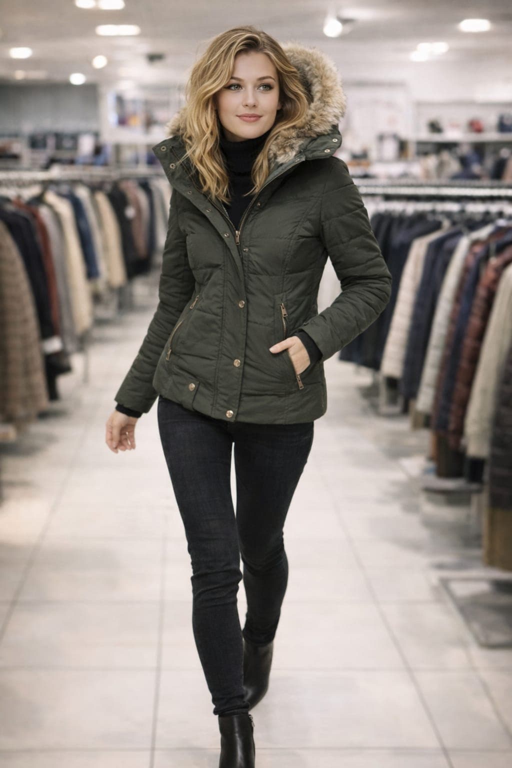 Nowa, ciepła, zimowa kurtka damska z futrzanym kołnierzem i bawełnianym ociepleniem, z zamkiem błyskawicznym, długim rękawem, dopasowanym krojem, bawełnianym płaszczem z kapturem W128