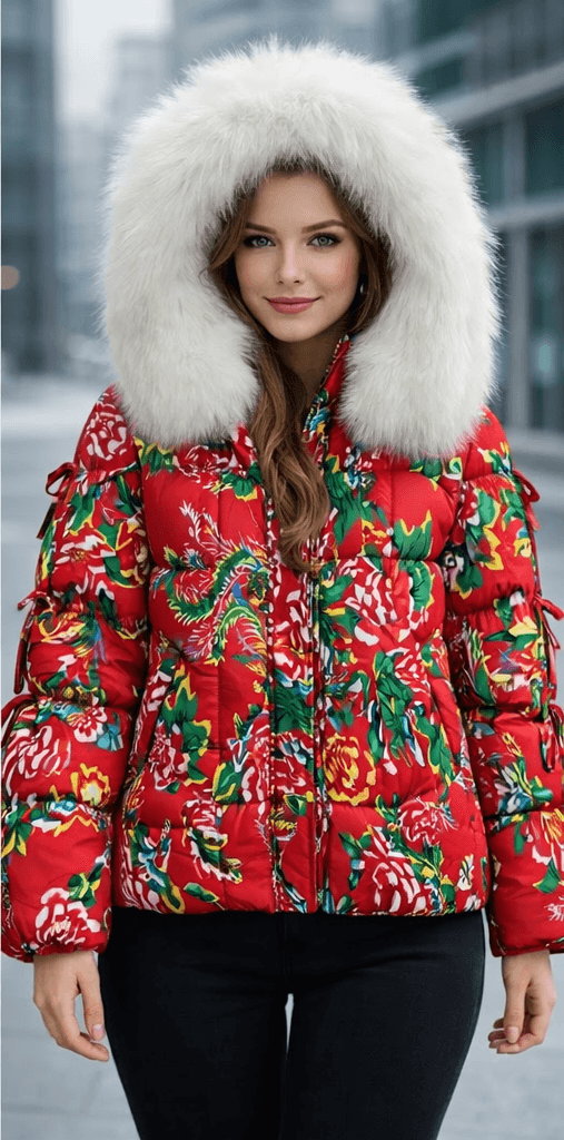 Damska kurtka puchowa zimowa z kapturem z prawdziwego futra, duża, gruba, ciepła, z dzianinowymi rękawami, biała kurtka parka z puchu gęsiego, średniej długości.