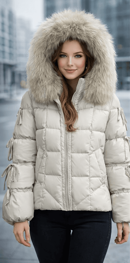 Damska kurtka puchowa zimowa z kapturem z prawdziwego futra, duża, gruba, ciepła, z dzianinowymi rękawami, biała kurtka parka z puchu gęsiego, średniej długości.