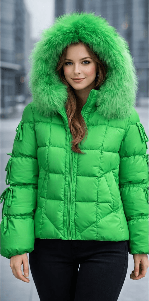 Damska kurtka puchowa zimowa z kapturem z prawdziwego futra, duża, gruba, ciepła, z dzianinowymi rękawami, biała kurtka parka z puchu gęsiego, średniej długości.