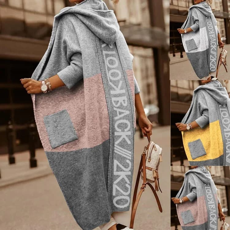 Damski sweter-kardigan z kapturem w europejskim stylu Amazon z blokami kolorów i kieszeniami, swobodny i niepowtarzalny.