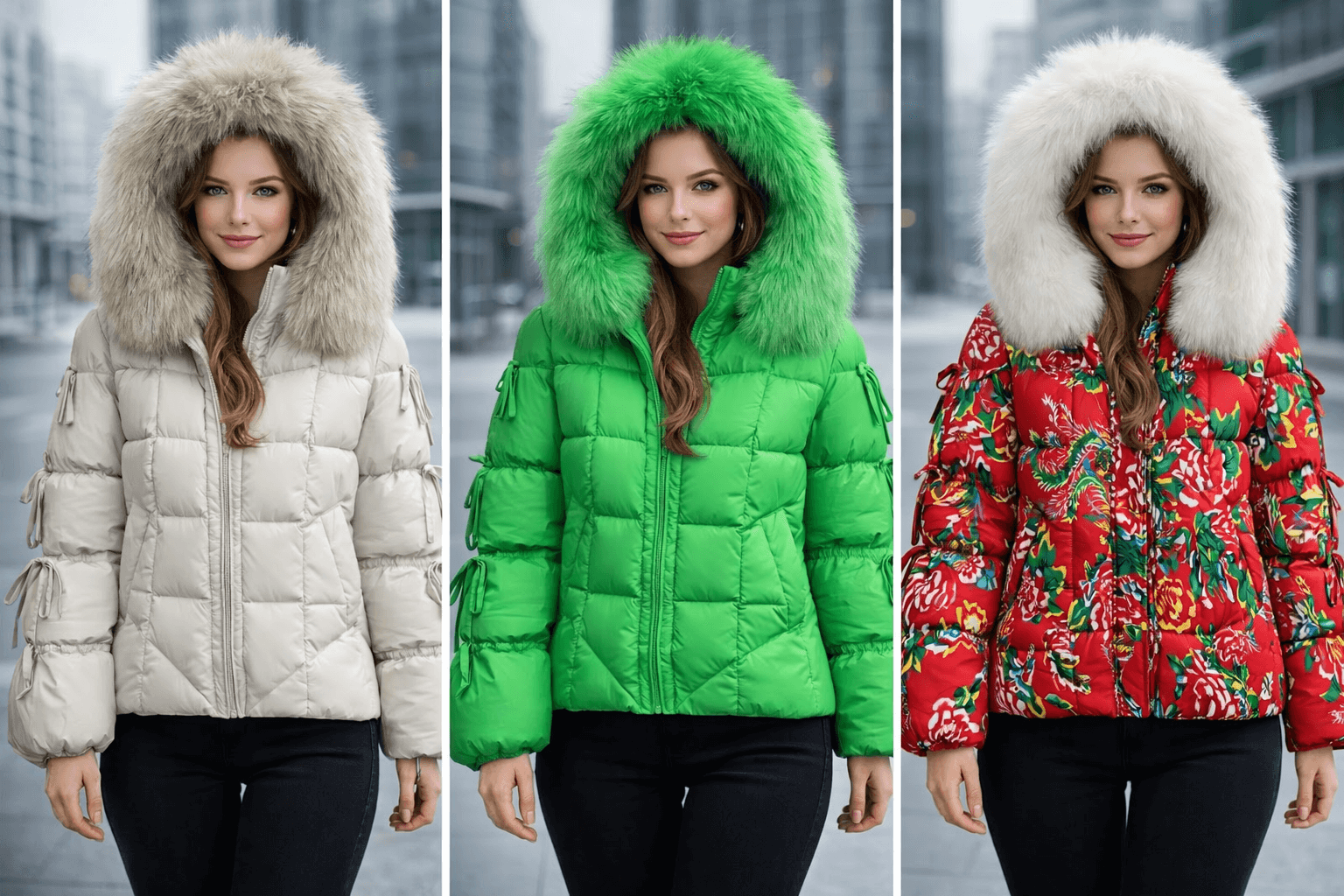 Damska kurtka puchowa zimowa z kapturem z prawdziwego futra, duża, gruba, ciepła, z dzianinowymi rękawami, biała kurtka parka z puchu gęsiego, średniej długości.